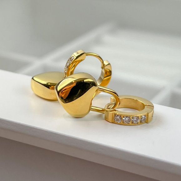 Gold Plated Huggie Hoop Heart Earrings Heart Pendant Earrings - Picture 3 of 11